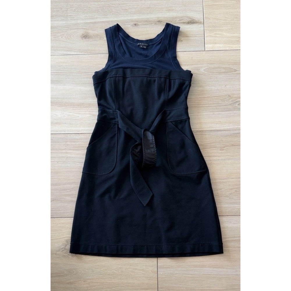 Theory Womens Mixed Media Layered Tank Dress Navy Black Tie Waist Pockets Size 0